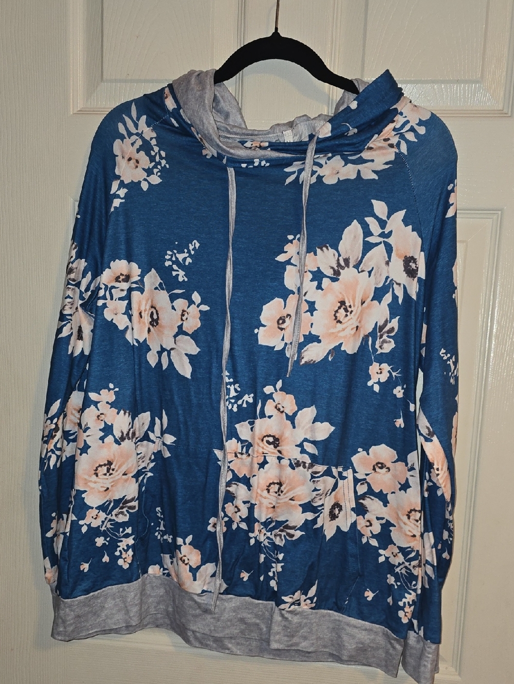 Blue Floral Pullover Hoodie with Pink Accent